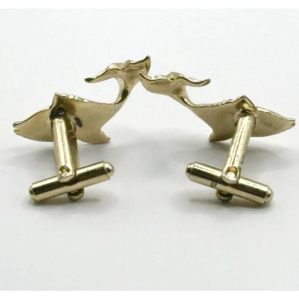 Vintage Gold-tone Fish Cufflinks Mother of Pearl Red Crystal‎ Eyes